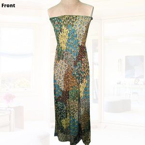 [EUC] Papillon strapless pull-on maxi dress - size S (multicolor green/blue)